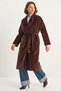 Women's Bearded Soft Textured Double-Breasted Collar Lined Brown Coat with Belt and Pocket Detail - 6