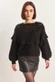Women's Ruffled Openwork Detailed Balloon Sleeve Ribbed Knitwear Black Sweater - 3
