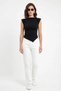 Women's Boat Neck Padded Asymmetrical Cut Black Blouse with Side Gather Detail