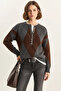 Women's Buttoned Diamond Patterned Basic Knitwear Anthracite Brown Sweater - 2