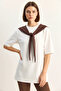Women's Oversize Basic White Coffee T-Shirt with Shawl Detail - 6