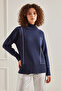 Women's Turtleneck Geometric Patterned Knitwear Navy Blue Sweater - 2
