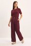 Women's Gold Button Detailed Pleated High Waist Palazzo Burgundy Trousers - 6