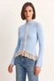 Women's Lace Detailed Half Turtleneck Buttoned Ribbed Knitwear Baby Blue Cardigan - 4