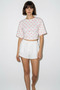Women's Crew Neck Polka Dot Patterned Waist Fitted Short Sleeve White Pink Blouse