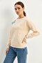 Women's Crew Neck Sweatshirt with Butterfly Accessories, Stone Embroidery, Three Thread Shadon Beige Sweatshirt - 2