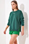 Women's Crew Neck Basic Emerald Sweatshirt with Raised Zipper Detail - 6