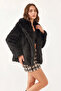 Women's Collared Lined Fur Jacket Black - 6
