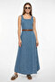 Women's Wide Collar Strap Belted Flared Denim Blue Dress