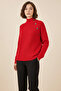 Women's Half Turtleneck Loose Red Sweater with Accessory Detail - 3