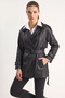 Women's Double-Breasted Collar Belted Lined Faux Leather Trench Coat Black - 6