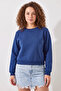 Women's Crew Neck Cropped Navy Blue Sweatshirt - 7