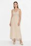 Women's Crochet-Look Detailed Strappy Beige Dress - 5