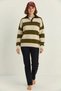 Women's Oversize Striped Polo Collar Heart Pattern Embroidered Knitwear Cream Green Sweater - 7