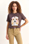 Women's Print Sequin Detailed Bow Basic Brown T-Shirt - 2