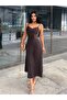 Brown Thin Beaded Strap A-Line Summer Midi Dress 8136
