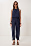 Beaded Detailed Woven Top and Bottom Set Lby0065 Dark Blue - 3