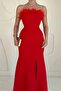 Red Strapless Collar Feathered Evening Dress - 2