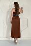 Tan Strapless Satin Dress - 4