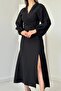 Black Drawstring Crepe Dress - 5
