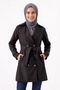 Women's Degaje Collar Half-Length Hijab Lined Belted Water-Repellent Fabric Trench Coat Black - 2