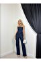 Women's Dark Blue Denim Bustier Pants Set Strapless High Waist Wide Leg 2-Piece