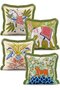 Green 4-Piece Fringed Throw Pillow Cover Set with Exotic Animal Themed Horse, Elephant, Tiger and Bird Figures