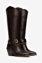 Bitter Brown Matte Leather Chain Buckle Trok Detail Pointed Toe Western Cowboy Boots