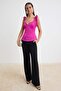 Pembe Kalp Yaka Kolsuz Dokuma Saten Party Bluz TPRSS26BZ00057