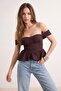 Kahverengi Büzgülü Peplum Detaylı Poplin Party Büstiyer TPRSS26BS00008