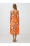 Orange Floral Patterned Strap Plain Neck Midi Dress - 7