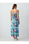 Blue Floral Patterned Strapless Linen Blend Midi Dress - 8