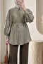 Ruffled Sleeves, Stoned Buttons, Tie-Up Shirt -Khaki