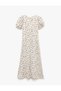 Square Neck Gathered A-Line Balloon Sleeves Floral Slit Midi Dress Bürümcük - 4