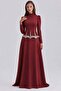 Stone and Pearl Patterned Crepe Hijab Evening Dress Bordo 1690 - 4