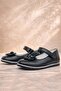 Girl's Black Genuine Leather Ballerinas - Ribbon Detailed