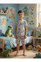 Boys Cotton Thin Summer Fabric Beige Color Blue Dinosaurs Patterned Short Sleeve Shorts Pajama Set