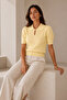 Women's Yellow Polo Collar Buttoned Short Sleeve Viscose Cotton Knitwear Blouse