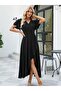 Women's Short Sleeve Double-Breasted Collared Front Asymmetrical Ruffled Long Imported Crepe Dress - 4
