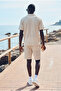 Men's Trendy Polo Collar Shirt Basic Linen Shorts Cream Two-Piece Set - 5