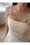 Beige Square Neck Peplum Linen Corset Blouse - with Flounces at the Waist and Tie-Up Straps - 5
