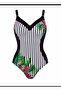 Women's Black and White Striped Floral Patterned V-Neck Swimsuit - 3