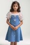 Girl's blue denim dress with lace embroidered balloon sleeves at neckline and sleeves - 6