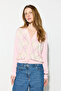 Baklava Patterned Polo Collar Knitwear Cotton Cardigan - Pink