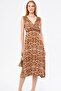 Women's Light Brown Patterned Waist Shoulder Elastic Double Breasted Collar Midi Skirt Dress Arm-24y001052 - 4