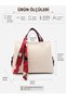 Women's Cream Burgundy Large Size Inner Pocket Double Handle Scarf Detailed Useful Cross Strap Hand and Shoulder Bag - 5
