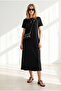 Women's Black Crew Neck Pocket Modal Draped Dress with Buttons Elb-19002666 - 3