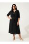 Women's Black Viscose Plus Size Midi Dress with Coconut Ring Detail and Pockets - 2