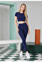 Women's Sports Bra Crew Neck Short Sleeve Gathering Fit - Navy Blue - 2