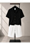 Men's Report Ottoman Fabric Short Sleeve Shirt Shorts Summer Bottom Top Set - 2